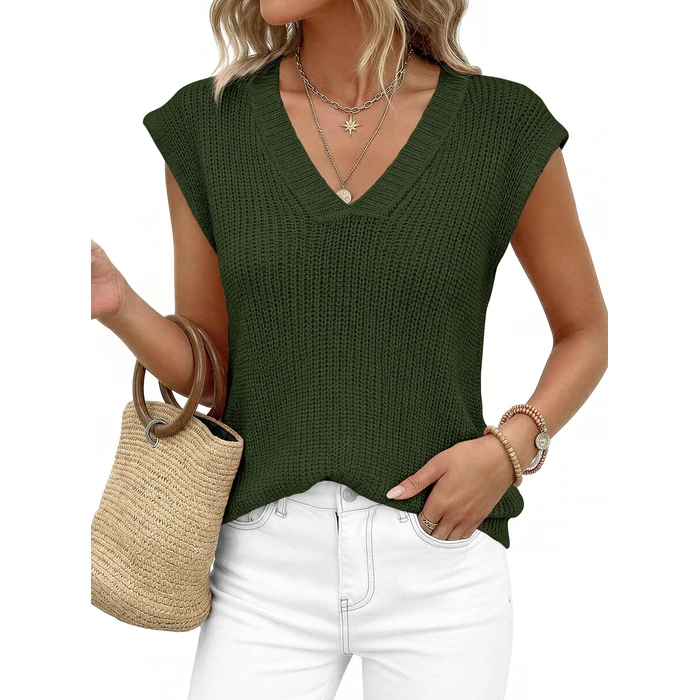 PRETTYGARDEN Women's 2026 Lightweight Sweaters Vest Spring Trendy Cap Sleeve V Neck Knit Tank Tops Summer Going Out Outfits (Army Green,Large) by PRETTYGARDEN - Image 8