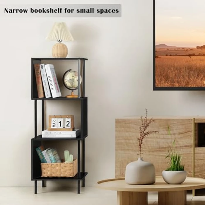 4 Tier Bookshelf for Small Spaces Narrow Black Bookcase Organizer S-Shaped Wood Corner Bookshelves for Bedroom, Study Room, Living Room and Home Office by smusei - Image 2