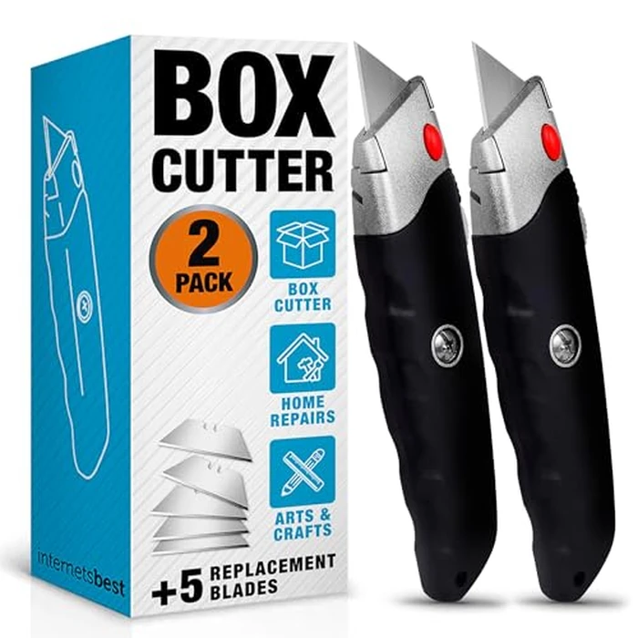 INTERNET'S BEST Premium Utility Knife Set | Retractable Box Cutter with Rubber Handle | Heavy-Duty Cutting for Cardboard, Carpet, Plastic | Retractable Blade | Includes 2 Razor Knives & Extra Blades by Internet's Best - Image 1