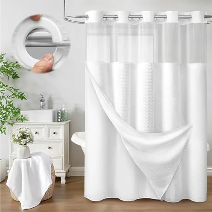 XOGUIBO No Hook Shower Curtain and Liner Set,White Hotel Waffle Shower Curtain with Liner 75" L x 60" W by XOGUIBO - Used - Very Good condition