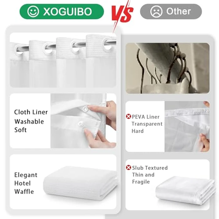 XOGUIBO No Hook Shower Curtain and Liner Set,White Hotel Waffle Shower Curtain with Liner 75" L x 60" W by XOGUIBO - Image 5