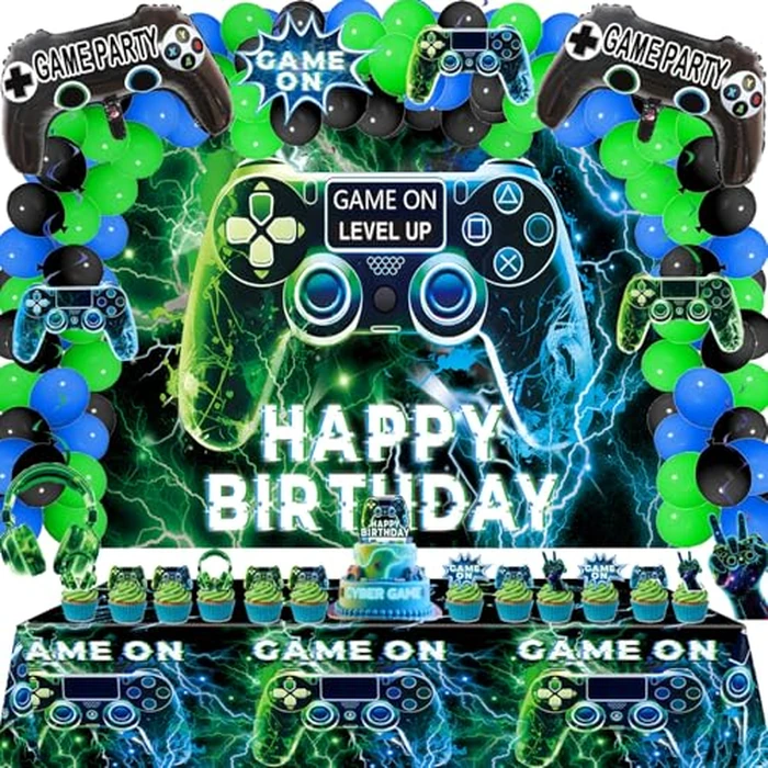 Video Game Party Decorations Set - Gamer Birthday Supplies with Backdrop, Table Cover, Hanging Swirls, Cake Toppers, Foil Balloons for Boys & Kids Party by JiaYJinX - Used - Like New condition - US$12.02