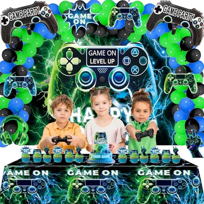 Video Game Party Decorations Set - Gamer Birthday Supplies with Backdrop, Table Cover, Hanging Swirls, Cake Toppers, Foil Balloons for Boys & Kids Party by JiaYJinX - Image 5