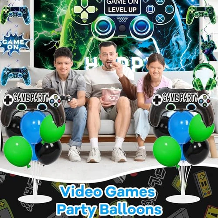 Video Game Party Decorations Set - Gamer Birthday Supplies with Backdrop, Table Cover, Hanging Swirls, Cake Toppers, Foil Balloons for Boys & Kids Party by JiaYJinX - Image 6