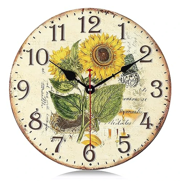 Lafocuse 12 Inch Silent Wooden Farmhouse Yellow Sunflower Wall Clocks for Home Decor, Vintage Kitchen Clock for Living Room, Horloge Murale Decorative, Rustic Battery Operated Wall Clock for Bedroom by Lafocuse - Image 1