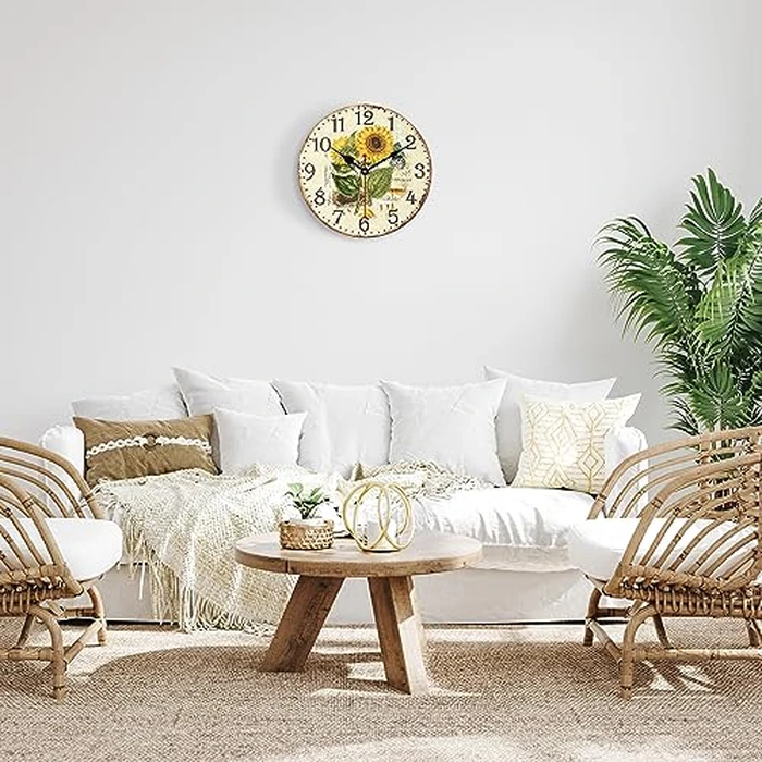 Lafocuse 12 Inch Silent Wooden Farmhouse Yellow Sunflower Wall Clocks for Home Decor, Vintage Kitchen Clock for Living Room, Horloge Murale Decorative, Rustic Battery Operated Wall Clock for Bedroom by Lafocuse - Image 3