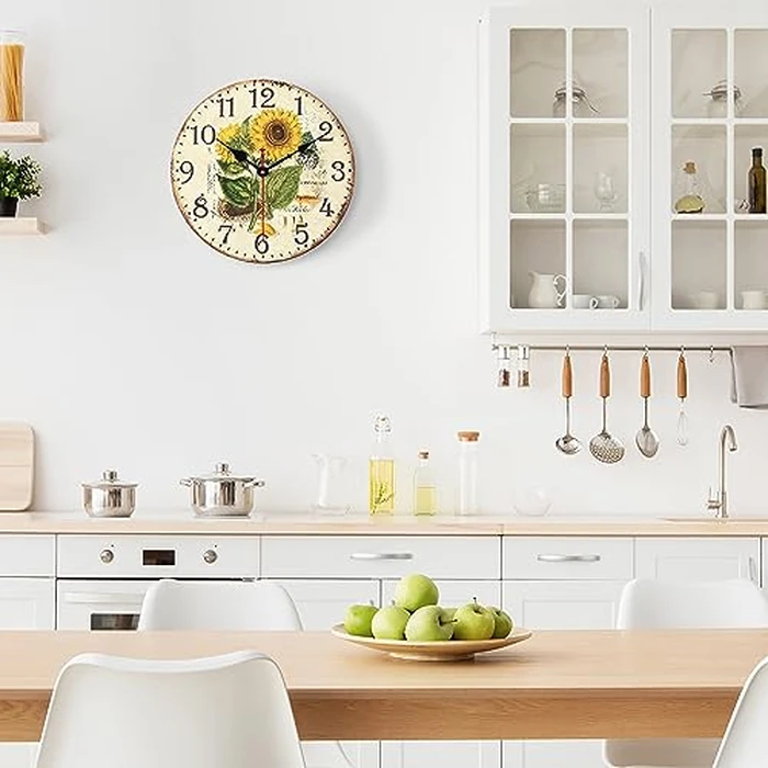Lafocuse 12 Inch Silent Wooden Farmhouse Yellow Sunflower Wall Clocks for Home Decor, Vintage Kitchen Clock for Living Room, Horloge Murale Decorative, Rustic Battery Operated Wall Clock for Bedroom by Lafocuse - Image 4