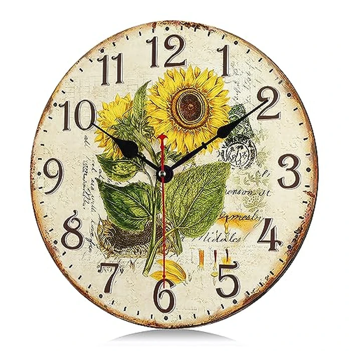 Lafocuse 12 Inch Silent Wooden Farmhouse Yellow Sunflower Wall Clocks for Home Decor, Vintage Kitchen Clock for Living Room, Horloge Murale Decorative, Rustic Battery Operated Wall Clock for Bedroom by Lafocuse - Image 5