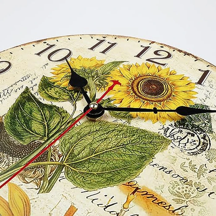 Lafocuse 12 Inch Silent Wooden Farmhouse Yellow Sunflower Wall Clocks for Home Decor, Vintage Kitchen Clock for Living Room, Horloge Murale Decorative, Rustic Battery Operated Wall Clock for Bedroom by Lafocuse - Image 6