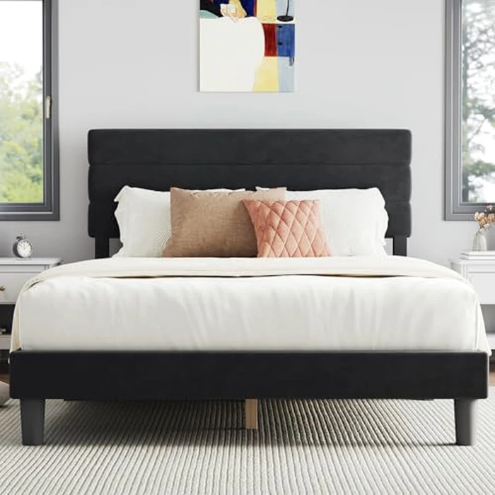 Novilla Queen Bed Frame, Queen Size Bed Frame with Wooden Slats Support, Velvet Upholstered Stripe Headboard, No Box Spring Needed, Heavy Duty Feet, Easy Assembly, Black Velvet by Novilla - Image 1