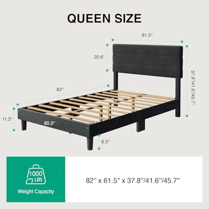 Novilla Queen Bed Frame, Queen Size Bed Frame with Wooden Slats Support, Velvet Upholstered Stripe Headboard, No Box Spring Needed, Heavy Duty Feet, Easy Assembly, Black Velvet by Novilla - Image 2
