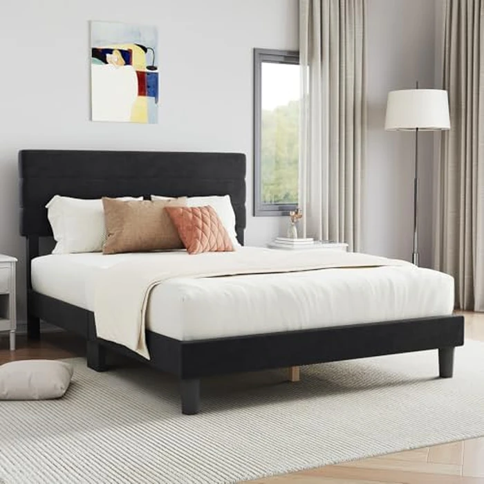 Novilla Queen Bed Frame, Queen Size Bed Frame with Wooden Slats Support, Velvet Upholstered Stripe Headboard, No Box Spring Needed, Heavy Duty Feet, Easy Assembly, Black Velvet by Novilla - Image 3