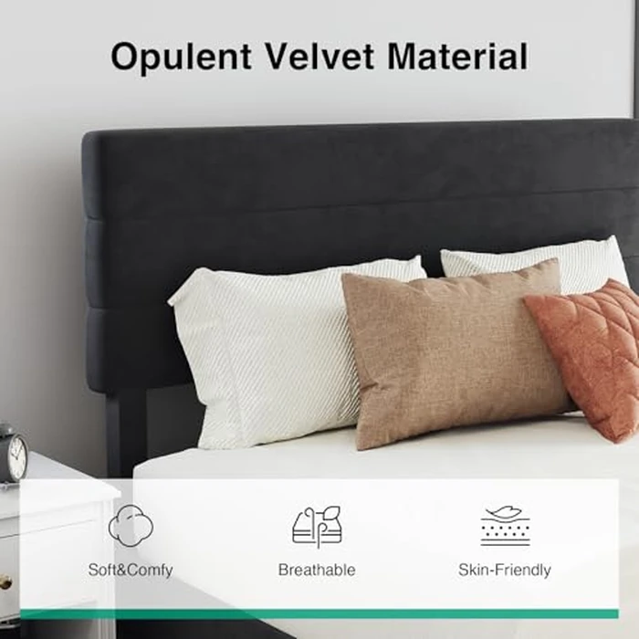 Novilla Queen Bed Frame, Queen Size Bed Frame with Wooden Slats Support, Velvet Upholstered Stripe Headboard, No Box Spring Needed, Heavy Duty Feet, Easy Assembly, Black Velvet by Novilla - Image 7