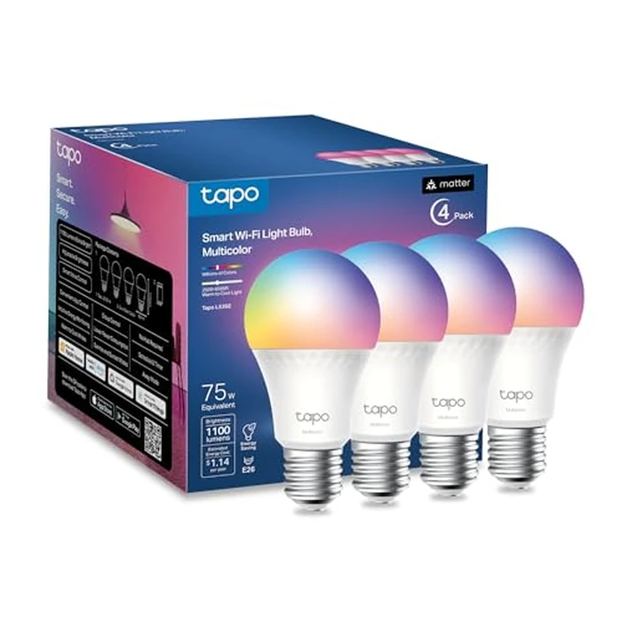 Tapo TP-Link Smart Light Bulbs, 1100 Lumens High Brightness (75W Equivalent), Matter-Certified, 16M Colors WiFi Light Bulb, Dimmable, Works w/Siri, Alexa & Google Home, A19 E26, L535E(4-Pack) by Tapo - Used - Like New condition
