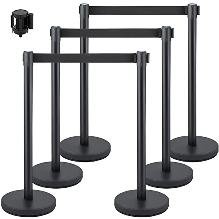 VEVOR Crowd Control Stanchion Set, Stanchion Set with 6.6 ft/2 m Black Retractable Belt, Black Crowd Control Barrier w/Concrete and Solid Metal Base - Easy Connect Assembly (6) by VEVOR - Image 1