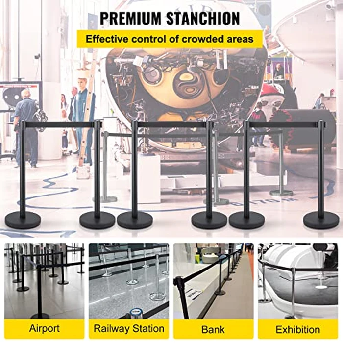 VEVOR Crowd Control Stanchion Set, Stanchion Set with 6.6 ft/2 m Black Retractable Belt, Black Crowd Control Barrier w/Concrete and Solid Metal Base - Easy Connect Assembly (6) by VEVOR - Image 2