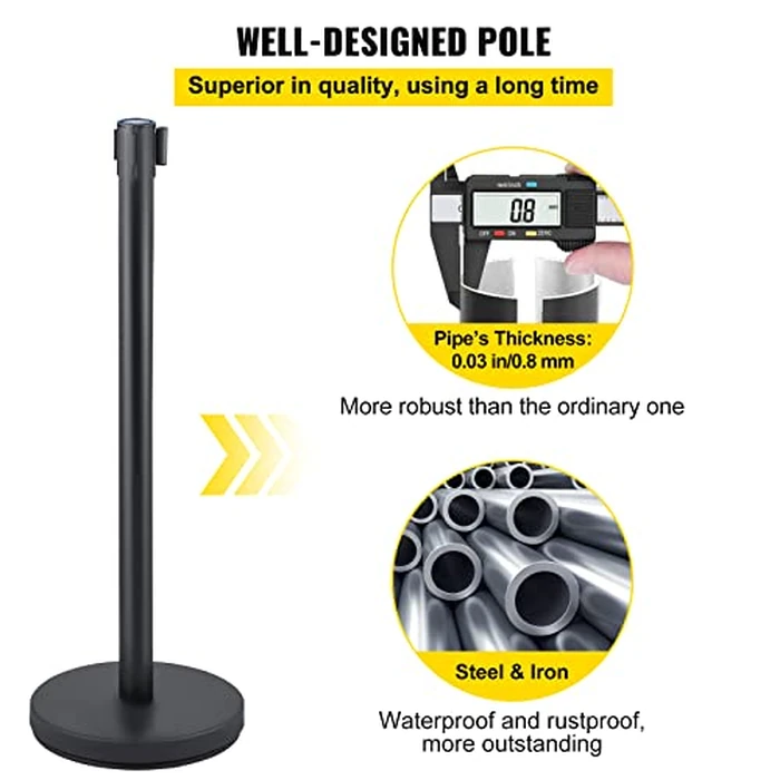 VEVOR Crowd Control Stanchion Set, Stanchion Set with 6.6 ft/2 m Black Retractable Belt, Black Crowd Control Barrier w/Concrete and Solid Metal Base - Easy Connect Assembly (6) by VEVOR - Image 3