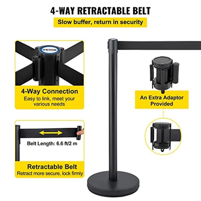 VEVOR Crowd Control Stanchion Set, Stanchion Set with 6.6 ft/2 m Black Retractable Belt, Black Crowd Control Barrier w/Concrete and Solid Metal Base - Easy Connect Assembly (6) by VEVOR - Image 4