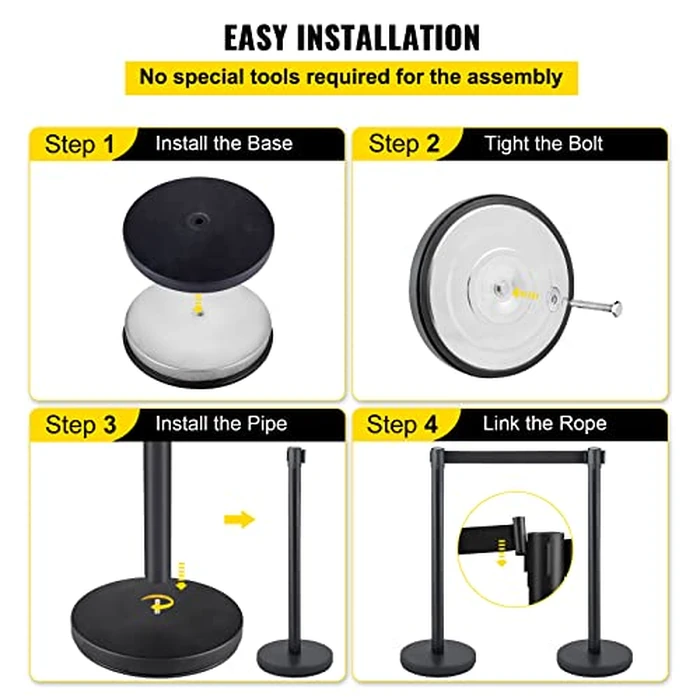 VEVOR Crowd Control Stanchion Set, Stanchion Set with 6.6 ft/2 m Black Retractable Belt, Black Crowd Control Barrier w/Concrete and Solid Metal Base - Easy Connect Assembly (6) by VEVOR - Image 6