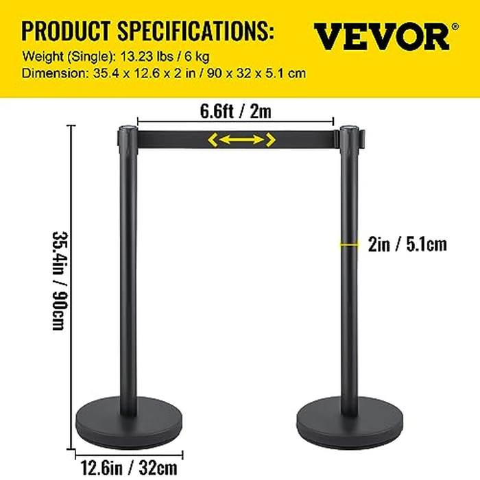 VEVOR Crowd Control Stanchion Set, Stanchion Set with 6.6 ft/2 m Black Retractable Belt, Black Crowd Control Barrier w/Concrete and Solid Metal Base - Easy Connect Assembly (6) by VEVOR - Image 7