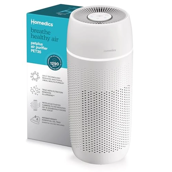 Homedics 5-in-1 PetPlus UV-C Air Purifier - 360-Degree HEPA Filter for 266 Sq Ft, Air Purifiers for Pets, Bedroom, and Home with Essential Oil Pads and Built-In Timer, 3 Speed Settings, White by Homedics - Used - Like New condition - US$110.21