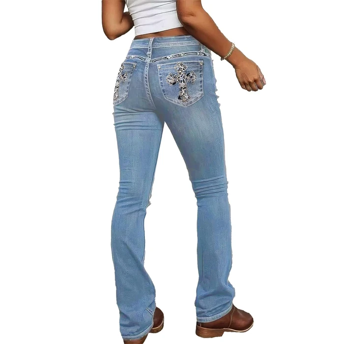 Flamingals Embroidered Bootcut Jeans for Women Mid Rise Stretchy Criss Cross Graphic Curvy Bell Bottom Jeans Light Blue M by Flamingals - Used - Like New condition - US$40.38
