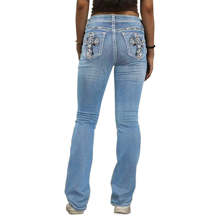 Flamingals Embroidered Bootcut Jeans for Women Mid Rise Stretchy Criss Cross Graphic Curvy Bell Bottom Jeans Light Blue M by Flamingals - Image 3