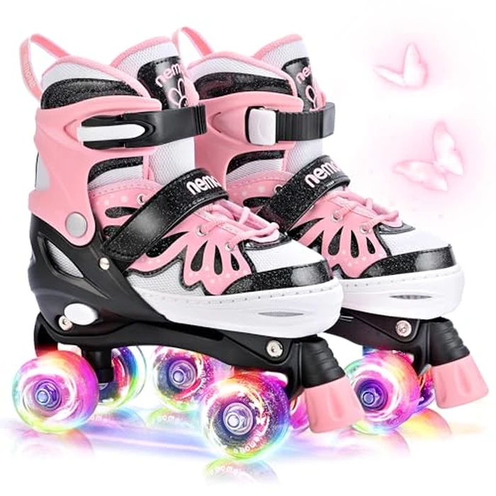 NEMONE 4 Size Adjustable Light up Roller Skates for Girls, Butterfly Roller Skates for Kids Ages 4-6 5-8 6-12 8-12, Todder Beginner Skates Indoor Outdoor Black Pink L by NEMONE - Used - Like New condition - CA$64.39