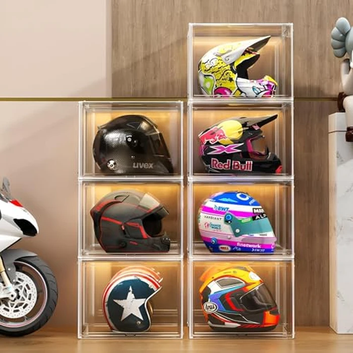 GUDEMAY XL Clear Stackable Plastic Storage Bins with Magnetic Lid - Dustproof Display Cases, Large Showcase for Helmets, Figure Collectibles, Dolls, Books, Cosmetic, Shoes & Purse Organizer (3 Packs) by GUDEMAY - Used - Acceptable condition