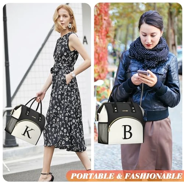 Personalized Lunch Bag for Women, Preppy Reusable Insulated Initials Lunch Box Gift for Friend Large Wide-Open Water Resistant Adult Cooler Tote Bag for Work, Travel, Picnic - Black U by BAGNN - Image 8