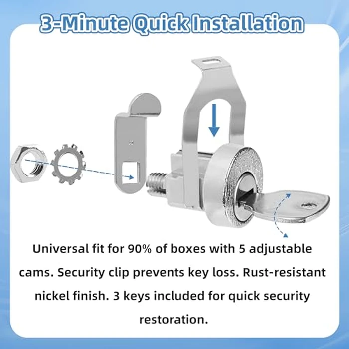 NBPLUS 10 Pack Mailbox Lock for L-1172C, USPS Mail Box Latch Tool Box Lock, C9100 Letterbox Lock with 3 Keys and C7120 Cam Replacement Accessories, Nickel Finish by NBPLUS - Image 5