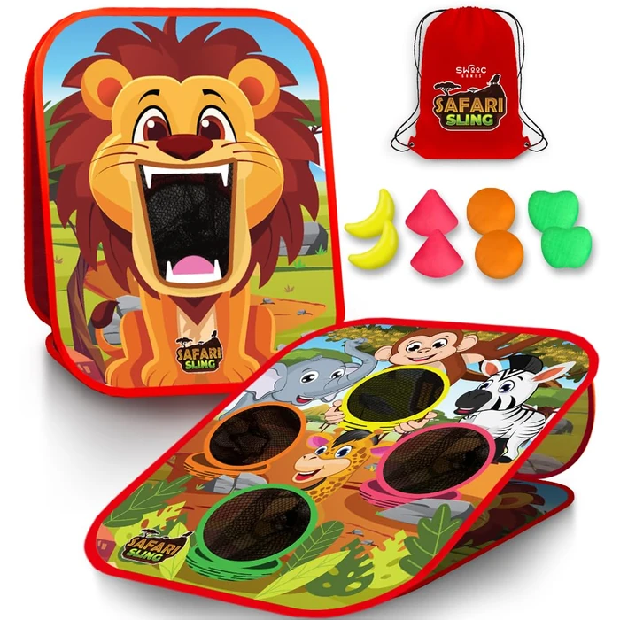 Swooc Games - Safari Sling | 2-in-1 Bean Bag Toss Game for Kids | 5-Second Setup Kids Cornhole Game Set | Outdoor Toddler Activities | Backyard Party Games | Corn Hole Set Toddler Bean Bag Toss by SWOOC - Used - Like New condition - US$32.42