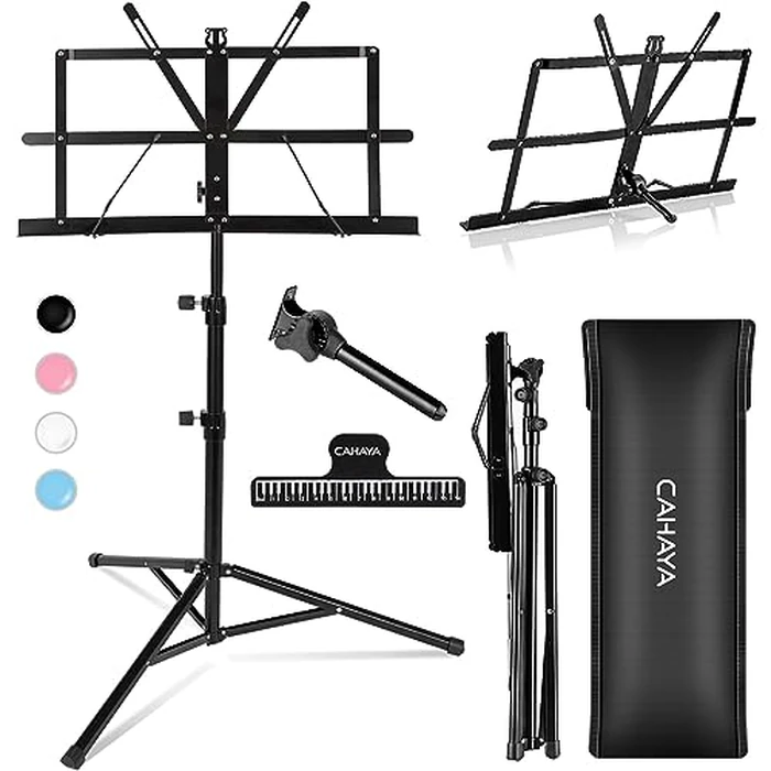 CAHAYA Portable Sheet Music Stand: Dual Use Desktop Book Holder Folding Lightweight Extra Stable Reinforced with Carrying Bag and Clip for Students Musicians Height Adjustable up to 54.3" CMS0204 by CAHAYA - Used - Very Good condition - US$11.99