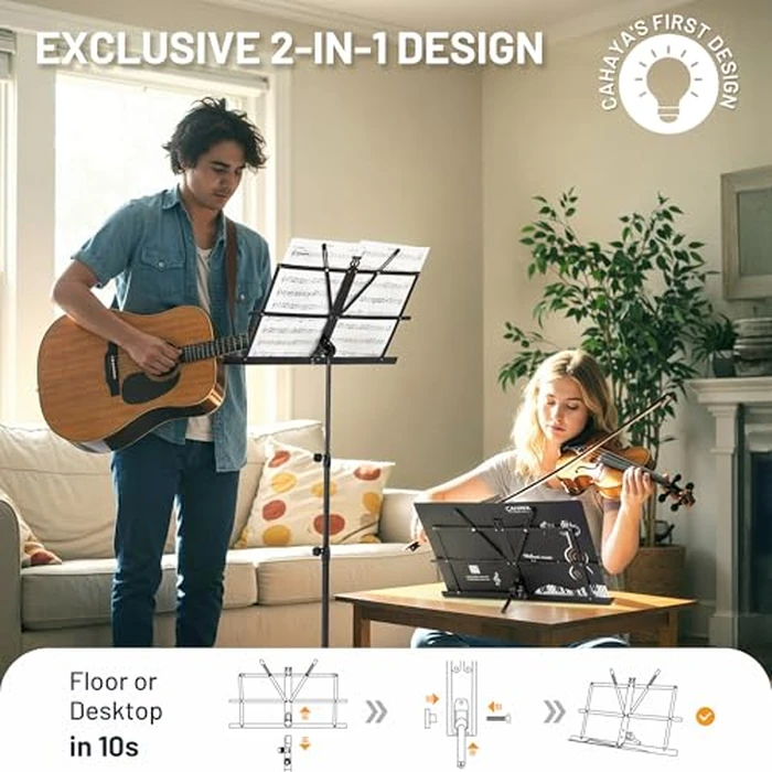 CAHAYA Portable Sheet Music Stand: Dual Use Desktop Book Holder Folding Lightweight Extra Stable Reinforced with Carrying Bag and Clip for Students Musicians Height Adjustable up to 54.3" CMS0204 by CAHAYA - Image 2