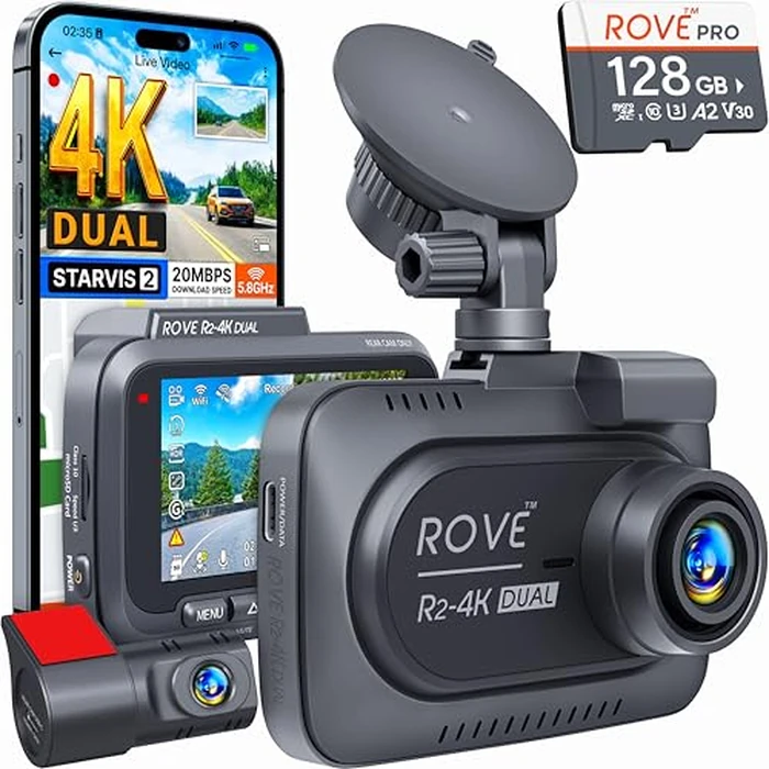 ROVE R2-4K DUAL Dash Cam Front and Rear, STARVIS 2 Sensor, FREE 128GB Card Included, 5G WiFi - up to 20MB/s Fastest Download Speed with App, 4K 2160P/FHD Dash Camera for Cars, 3" IPS, 24H Parking Mode by ROVE - Used - Like New condition - US$99.99