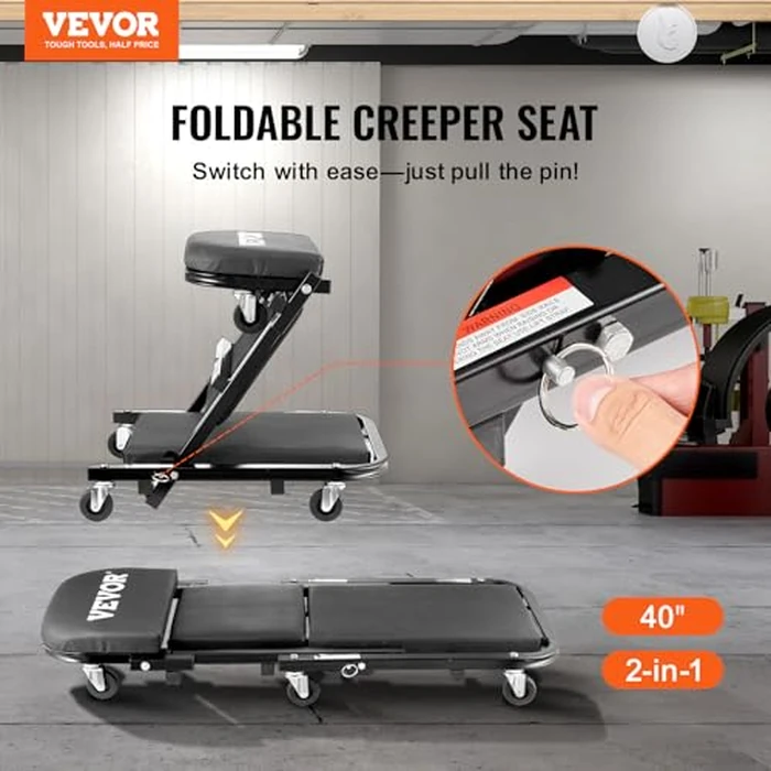 VEVOR Foldable Z Garage Creeper, 40 in, 450 lbs Load Capacity Rolling Folding Mechanic Creeper Stool, with 6 Universal Wheels Padded Seat Steel Frame, Lay Down or Sit Chair for Garage Shop or Home by VEVOR - Image 2