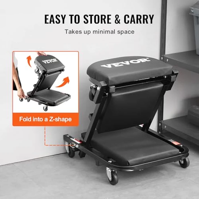 VEVOR Foldable Z Garage Creeper, 40 in, 450 lbs Load Capacity Rolling Folding Mechanic Creeper Stool, with 6 Universal Wheels Padded Seat Steel Frame, Lay Down or Sit Chair for Garage Shop or Home by VEVOR - Image 6