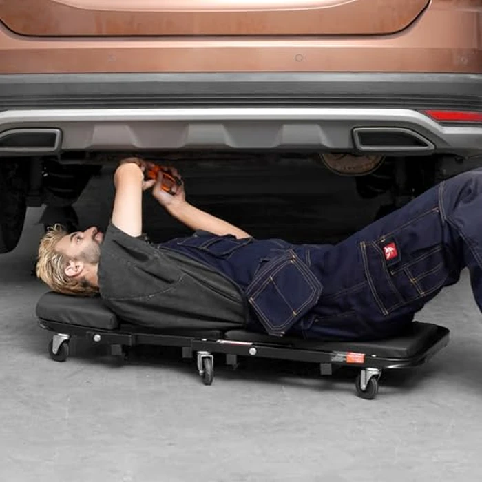 VEVOR Foldable Z Garage Creeper, 40 in, 450 lbs Load Capacity Rolling Folding Mechanic Creeper Stool, with 6 Universal Wheels Padded Seat Steel Frame, Lay Down or Sit Chair for Garage Shop or Home by VEVOR - Image 8