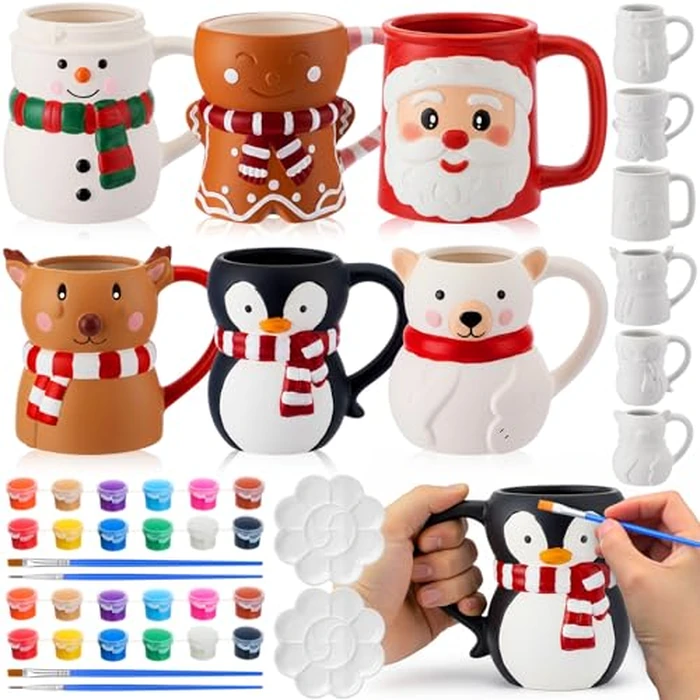 Zubebe 6 Sets Christmas Paint Your Own Mugs Craft Kit Xmas Ceramic to Paint, Santa Elk Snowman Penguin Gingerbread Man Polar Bear DIY Mugs for Adults with Painting Set Family Xmas Craft Office Gift by Zubebe - Used - Very Good condition