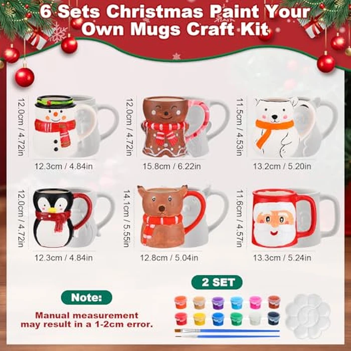 Zubebe 6 Sets Christmas Paint Your Own Mugs Craft Kit Xmas Ceramic to Paint, Santa Elk Snowman Penguin Gingerbread Man Polar Bear DIY Mugs for Adults with Painting Set Family Xmas Craft Office Gift by Zubebe - Image 2
