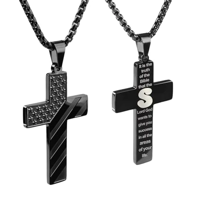 REGIS Cross Necklace for Men ， Premium American Flag Stainless Steel with 24-Inch Lord's Prayer Pendant(S, black) by REGIS - Image 1