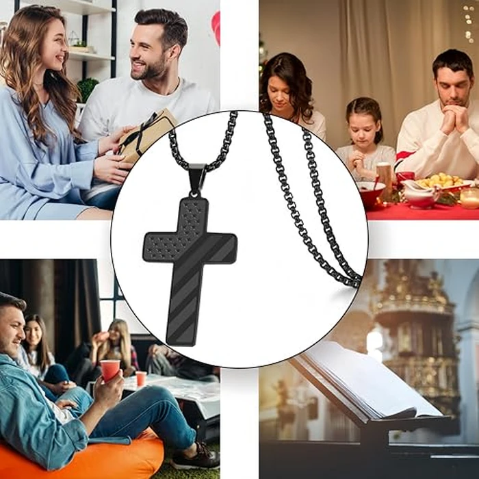 REGIS Cross Necklace for Men ， Premium American Flag Stainless Steel with 24-Inch Lord's Prayer Pendant(S, black) by REGIS - Image 2