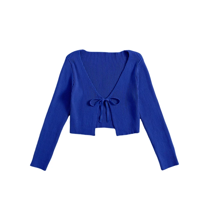 Floerns Women's Tie Front Long Sleeve Rib Knit Shrug Sweaters Cardigan Crop Top Royal Blue Small by Floerns - Used - Like New condition