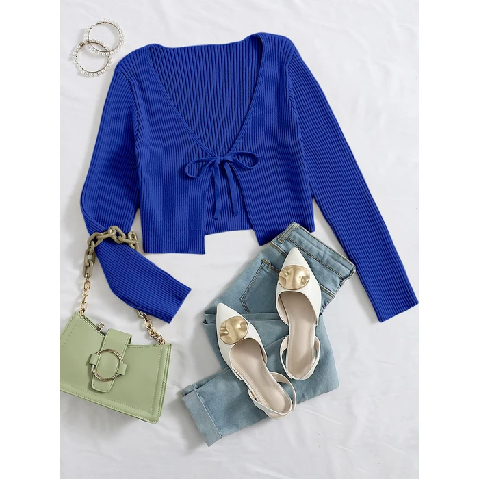 Floerns Women's Tie Front Long Sleeve Rib Knit Shrug Sweaters Cardigan Crop Top Royal Blue Small by Floerns - Image 3