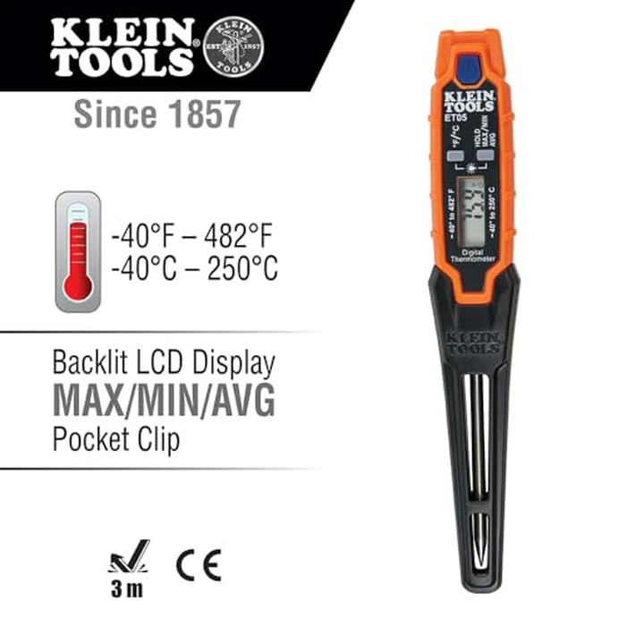 Klein Tools ET05 Digital Pocket Thermometer, HVAC Instant Read Thermometer with Backlit Display, Wide Measurement Range, Fahrenheit and Celsius by KLEIN TOOLS - Image 2