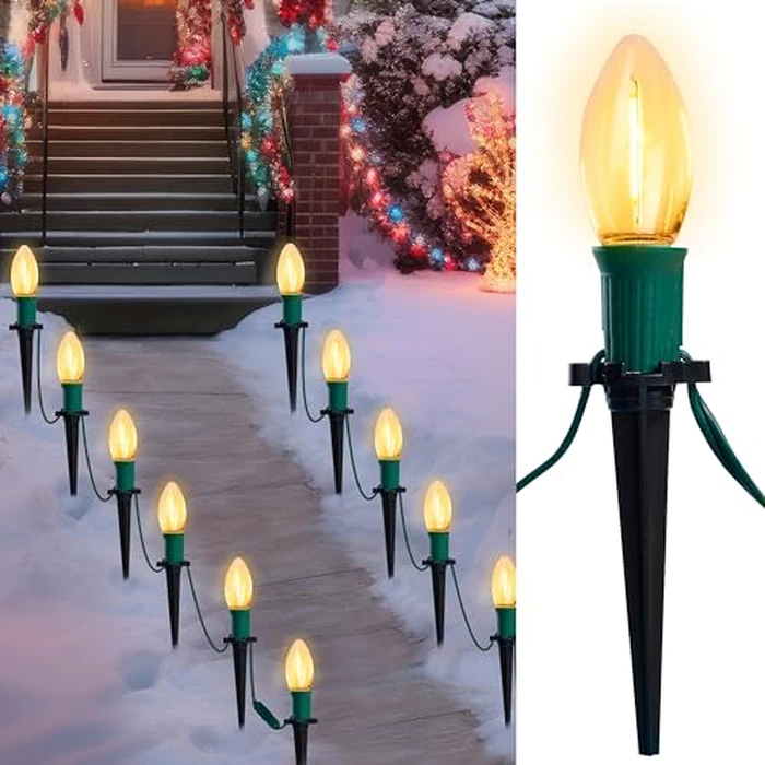 Joiedomi 24 Packs 30.75FT C9 Christmas Pathway Marker Lights, LED Warm White Waterproof Pathway Marker Outdoor Faceted Walkway Decor with Connectable for Holiday Xmas Yard Garden Lawn by Joiedomi - Used - Like New condition - US$18.60
