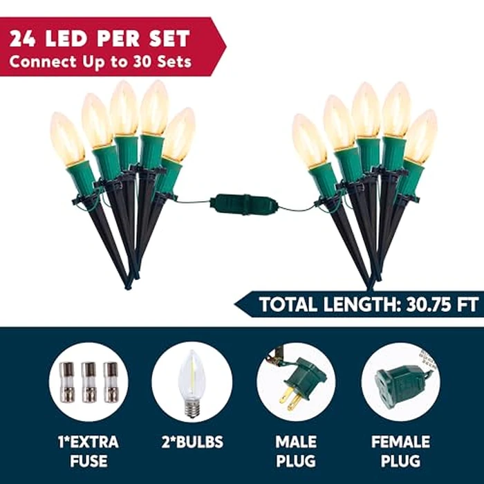 Joiedomi 24 Packs 30.75FT C9 Christmas Pathway Marker Lights, LED Warm White Waterproof Pathway Marker Outdoor Faceted Walkway Decor with Connectable for Holiday Xmas Yard Garden Lawn by Joiedomi - Image 2