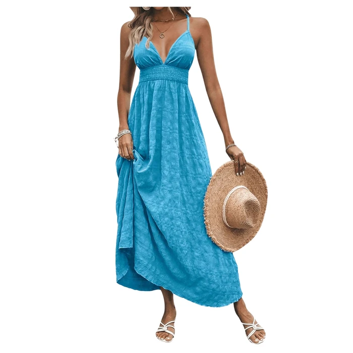 Milumia Women's Summer V Neck Backless Maxi Dress Boho Spaghetti Strap A Line Flowy Beach Long Sundress Light Blue Large by Milumia - Image 1