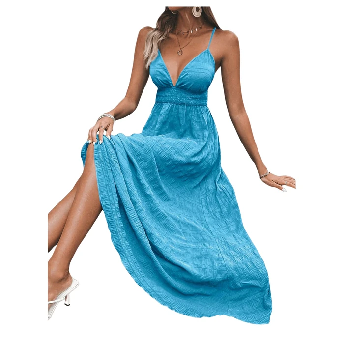 Milumia Women's Summer V Neck Backless Maxi Dress Boho Spaghetti Strap A Line Flowy Beach Long Sundress Light Blue Large by Milumia - Image 3