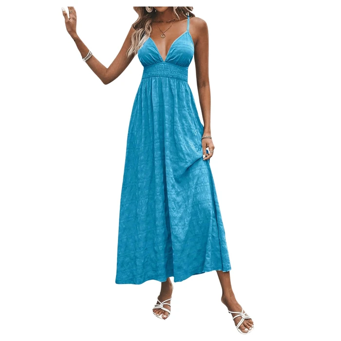 Milumia Women's Summer V Neck Backless Maxi Dress Boho Spaghetti Strap A Line Flowy Beach Long Sundress Light Blue Large by Milumia - Image 4